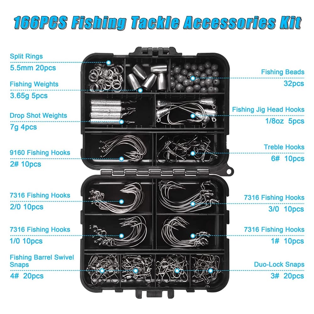 166PCS Fishing tackle box Including worm hooks Jig Head Hooks Drop shot weight Fishing swivel for Bass Trout Fishing accessories