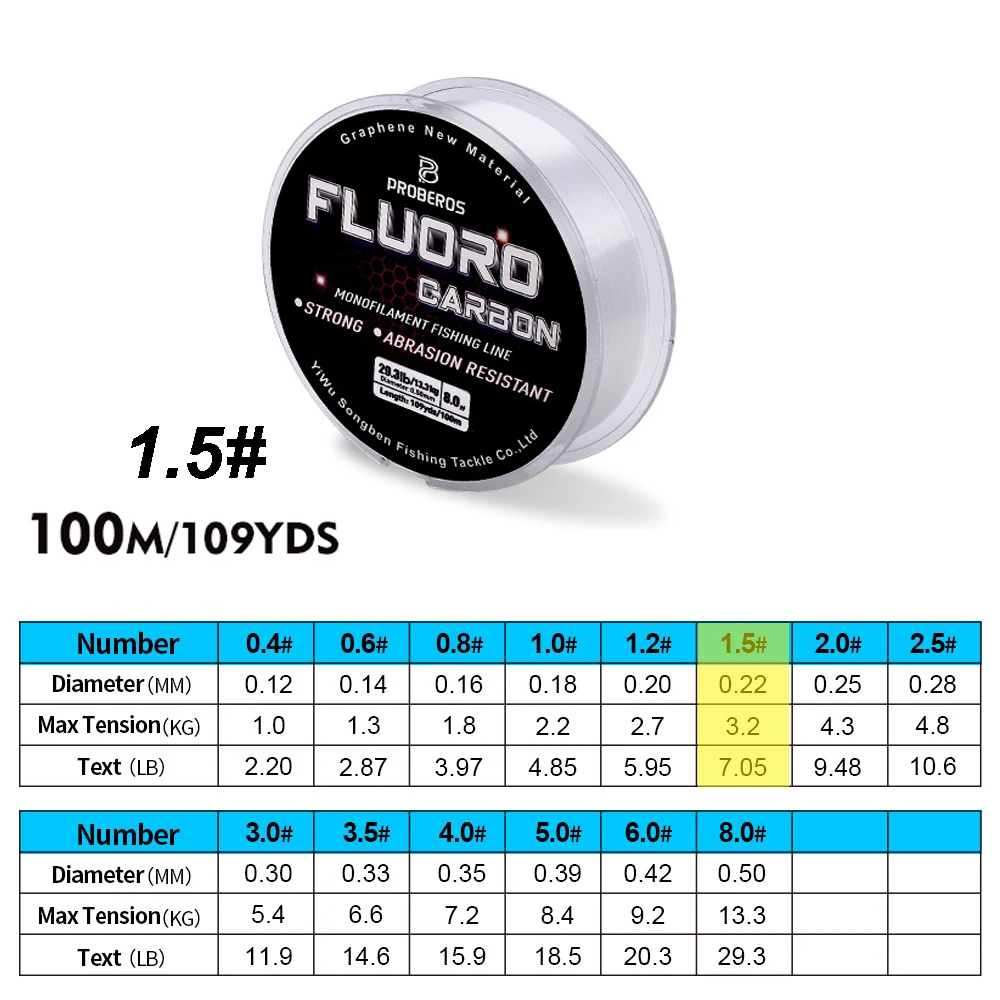 PROBEROS 100M Fluorocarbon Coating Fishing Line 2.2LB-29.3LB Carbon Fiber Monofilament Leader Line Carp Fishing Sinking Line