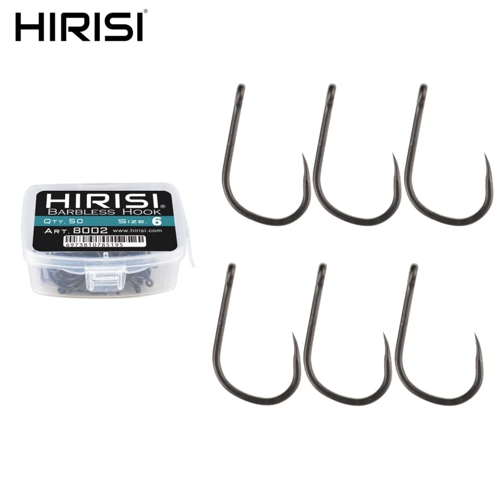 Hirisi 50pcs Barbless Fishing Hooks PTFE Coated High Carbon Steel 8002