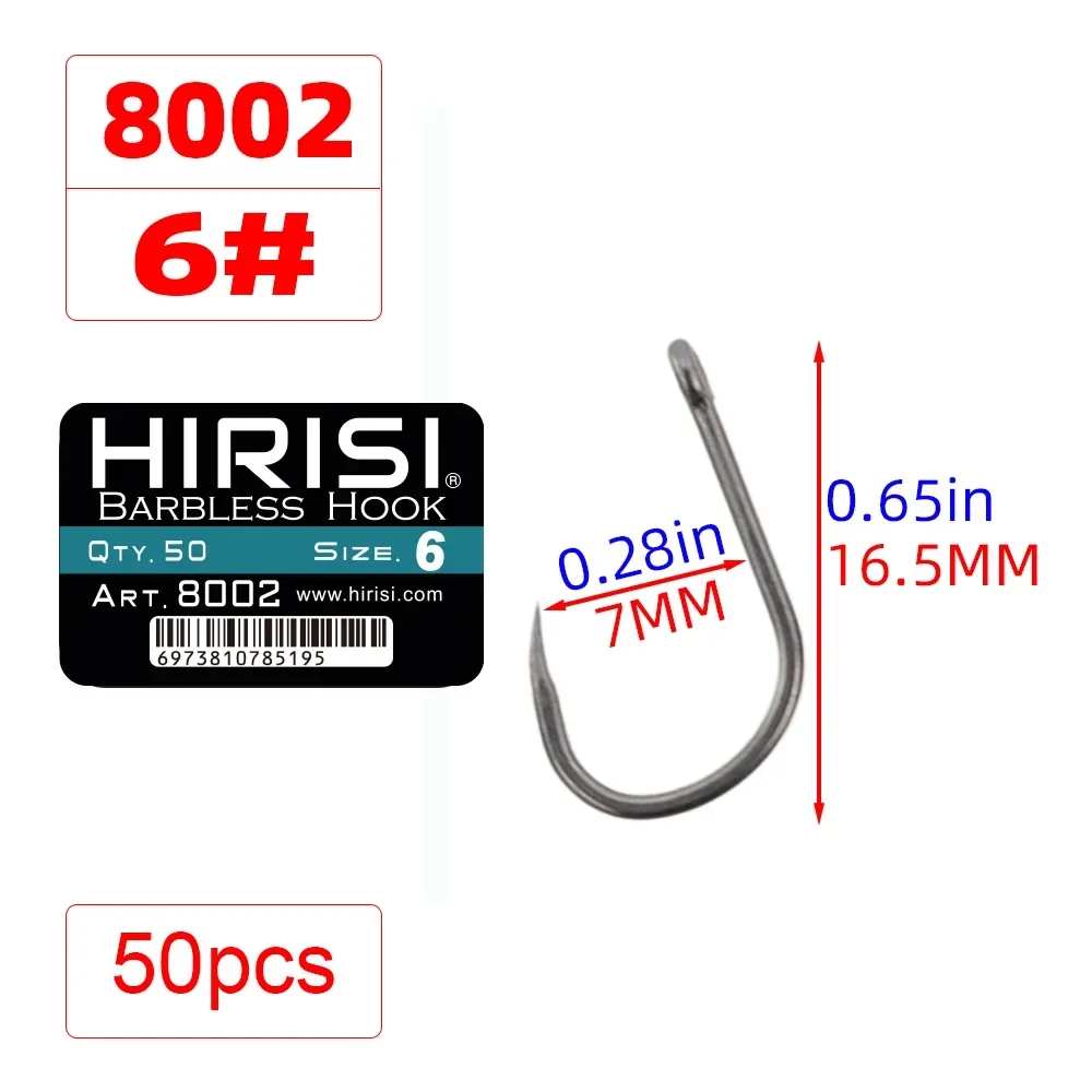 Hirisi 50pcs Barbless Fishing Hooks PTFE Coated High Carbon Steel 8002