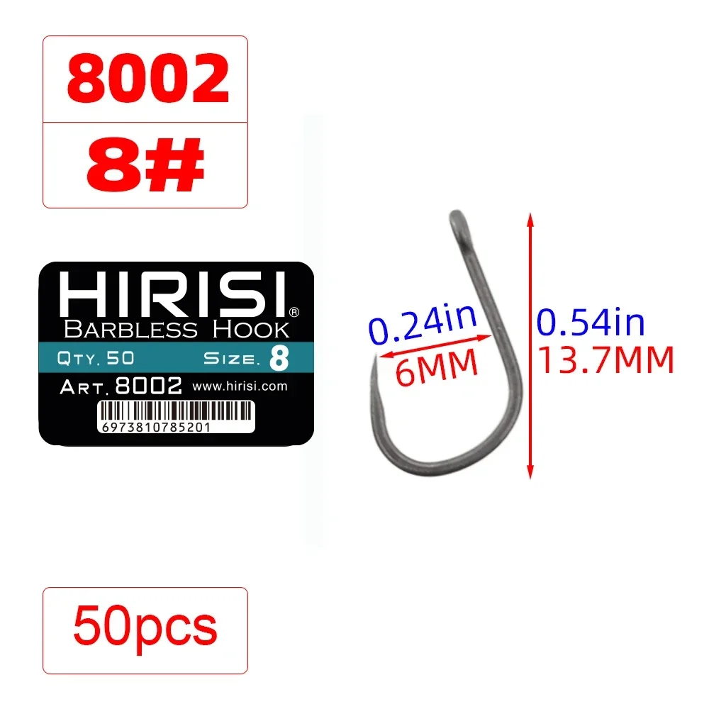 Hirisi 50pcs Barbless Fishing Hooks PTFE Coated High Carbon Steel 8002