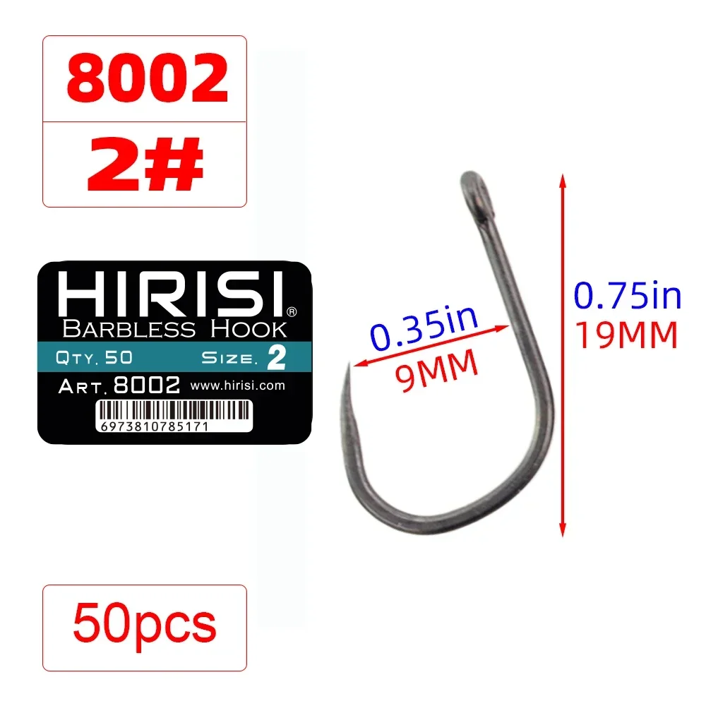 Hirisi 50pcs Barbless Fishing Hooks PTFE Coated High Carbon Steel 8002