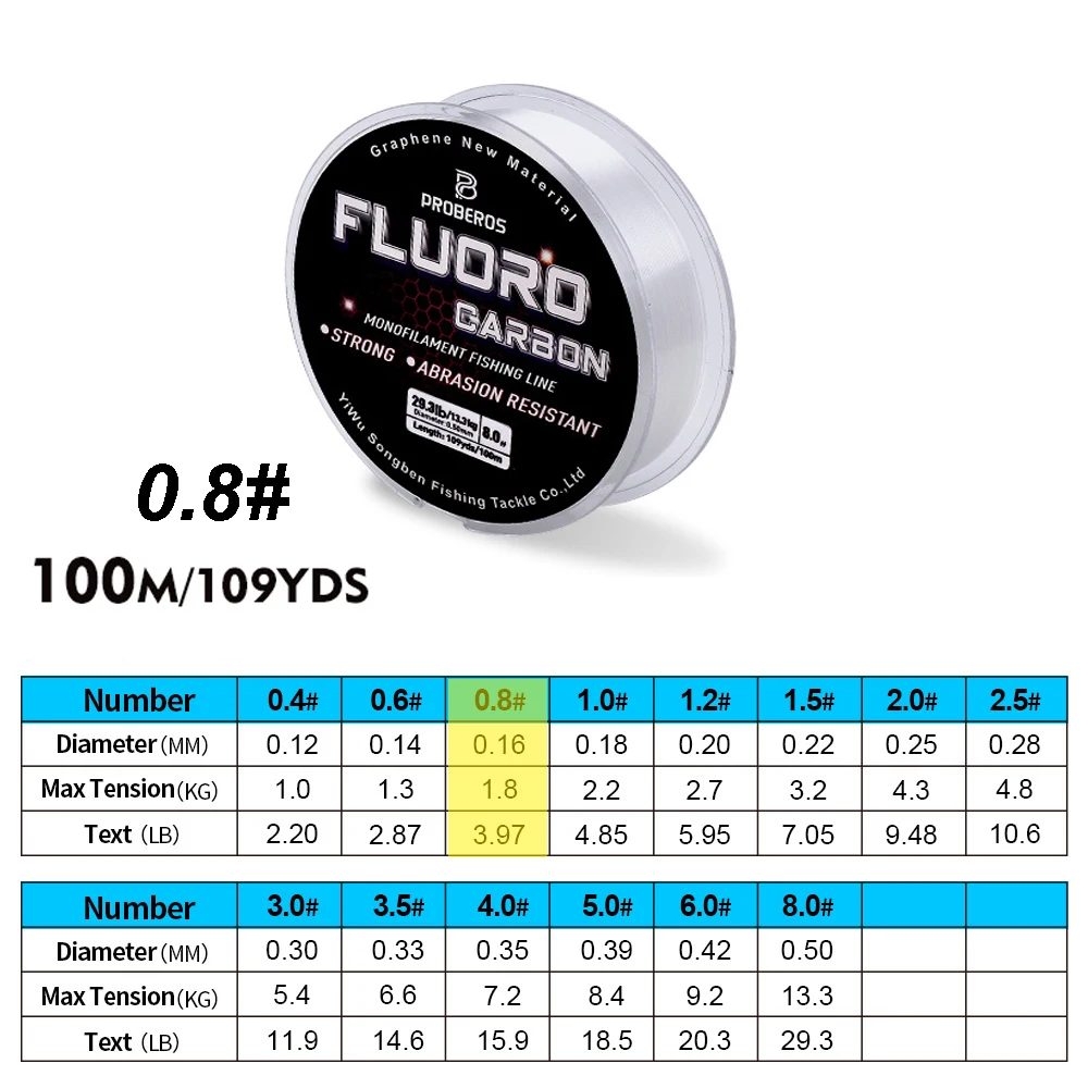 PROBEROS 100M Fluorocarbon Coating Fishing Line 2.2LB-29.3LB Carbon Fiber Monofilament Leader Line Carp Fishing Sinking Line
