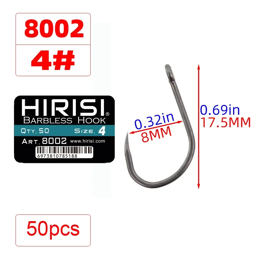 Hirisi 50pcs Barbless Fishing Hooks PTFE Coated High Carbon Steel 8002