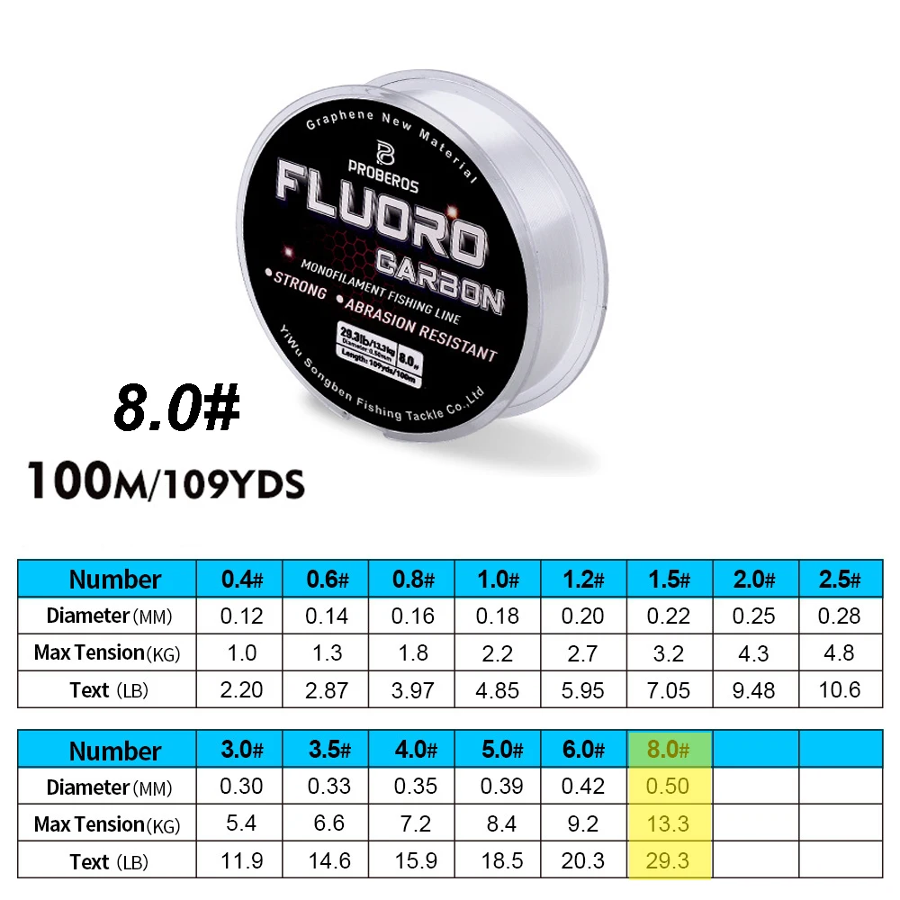 PROBEROS 100M Fluorocarbon Coating Fishing Line 2.2LB-29.3LB Carbon Fiber Monofilament Leader Line Carp Fishing Sinking Line
