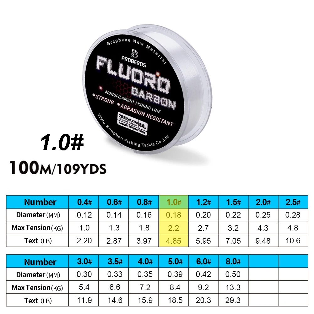PROBEROS 100M Fluorocarbon Coating Fishing Line 2.2LB-29.3LB Carbon Fiber Monofilament Leader Line Carp Fishing Sinking Line