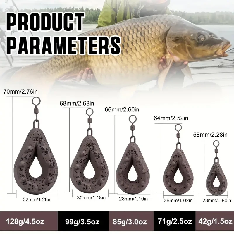 Fishing Lead Weights, Teardrop Shape with Coated Surface, Hollow Carp Weights for Slow Release Bait, Fits Any Clip Three packs